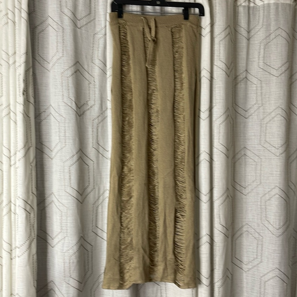 Women’s Beige/Camel S-L Distresssed Long Skirt Split Drawstring Waist Swim Cover